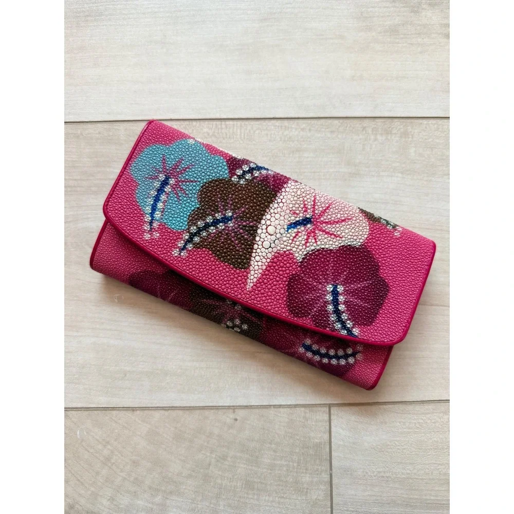 Genuine Stingray Skin Wallet Rare Hibiscus Pink Floral Design Made in Thailand